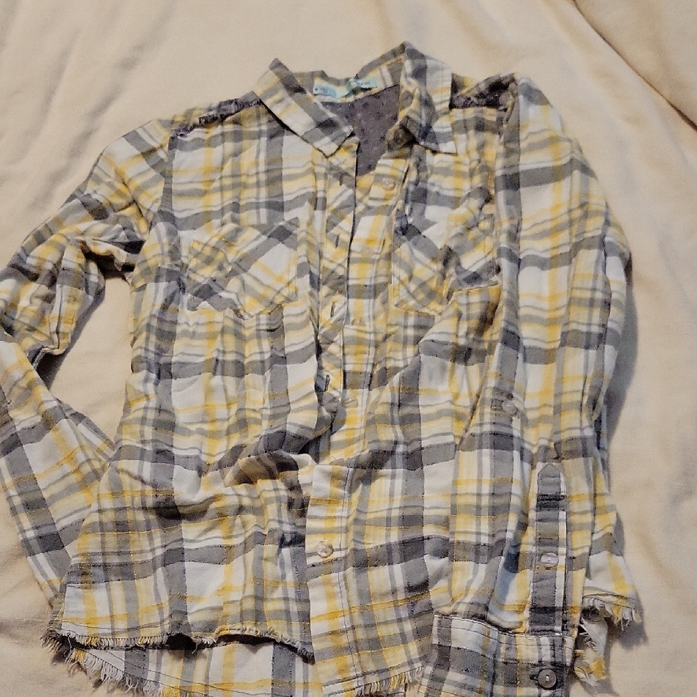 Maurices Yellow and Gray Plaid Button Down Shirt